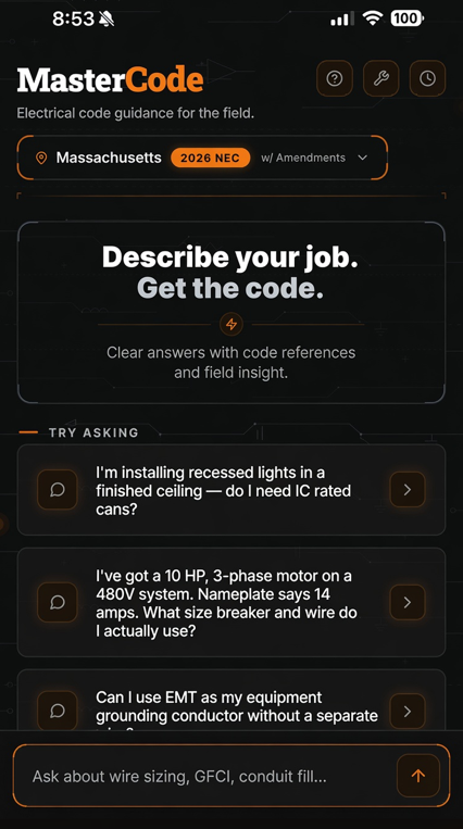 MasterCode app home screen